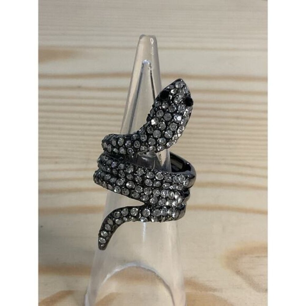Snake Design Silver Tone Crystal Pave Adjustable Statement Ring